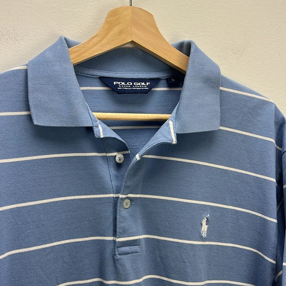 Ralph Lauren Polo Golf Shirt Blue White Stripe Pima Cotton Mens Large Preppy